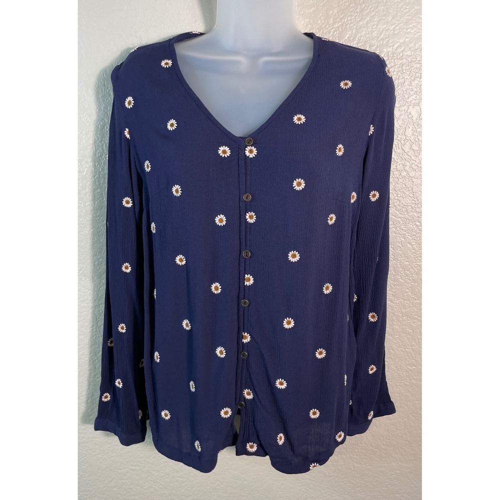 Denim & Company Womens XS Blouse Navy Blue Embroidered Daisy Button Front Top